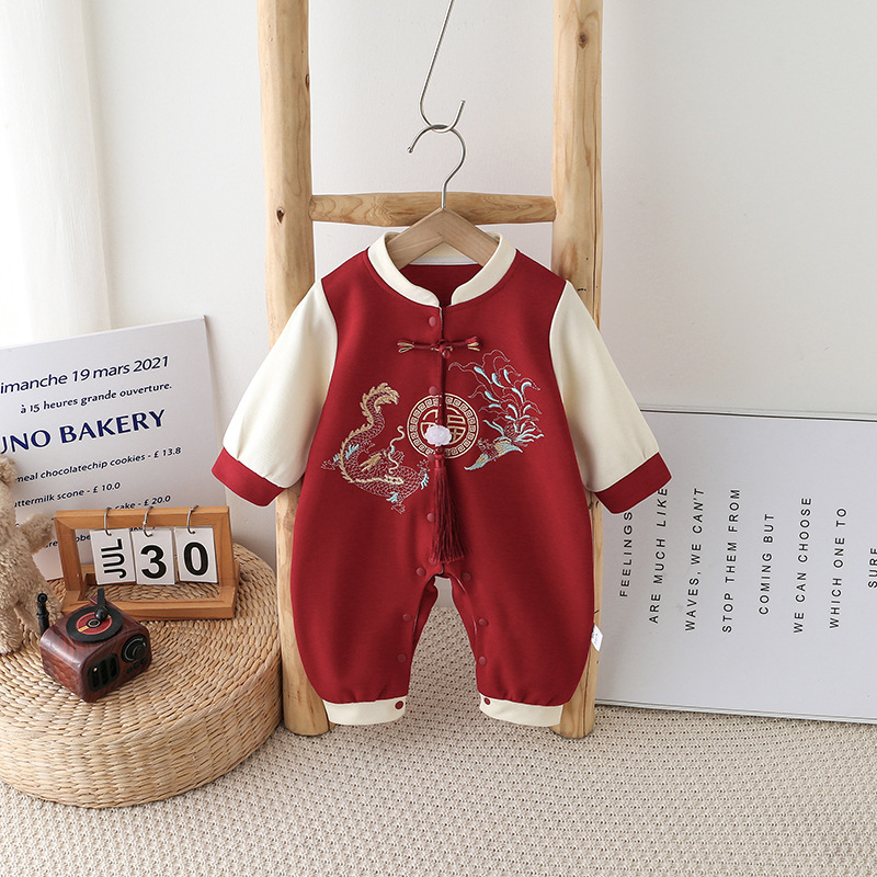 Baby one-piece outfit for spring and autumn, new baby's clothes for Chinese New Year, full moon and first birthday party, children's dress, newborn's Chinese New Year outfit