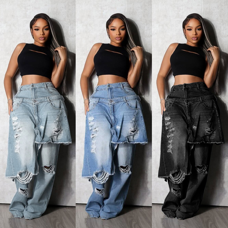 Ld2525 Autumn and Winter New European and American Fashion Denim Distressed Patchwork Horse Cut Decorative Loose Straight Pants Ld2525 Autumn and Winter New European and American Fashion Denim Distressed Patchwork Horse Cut Decorative Loose Straight Pants