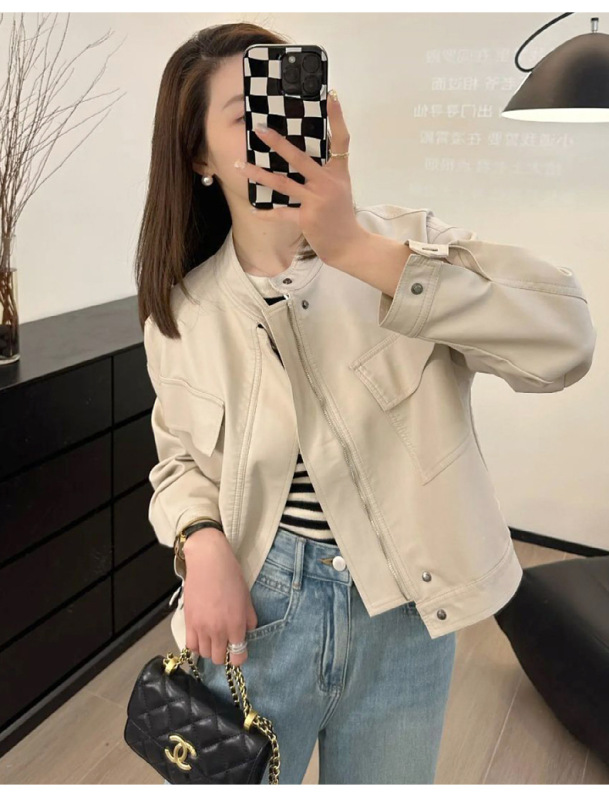 皮衣皮夹克女秋季薄款短款立领拉链复古港风街头风短外套女A6753|undefined