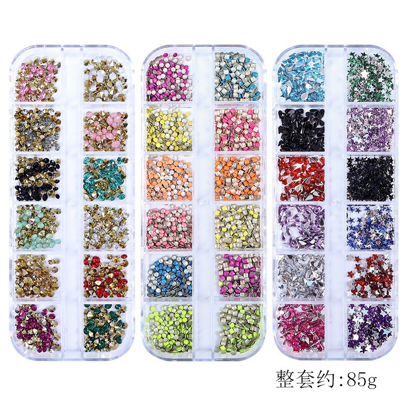 Juego completo transfronterizo de 12 compartimientos de remaches de metal, diamantes de imitación, Xingyue, piezas de concha de diamantes, accesorios para uñas, adornos para uñas