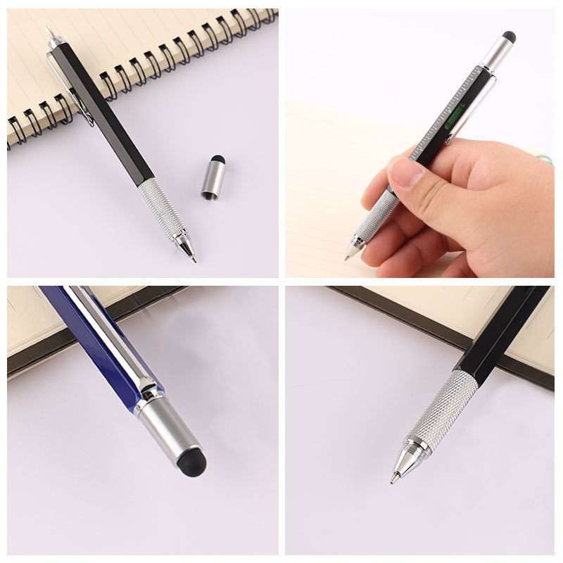 Fábrica al por mayor bolígrafo multifunción pluma herramienta pluma seis en uno pluma de metal pantalla táctil pluma medidor de nivel se puede utilizar como logotipo