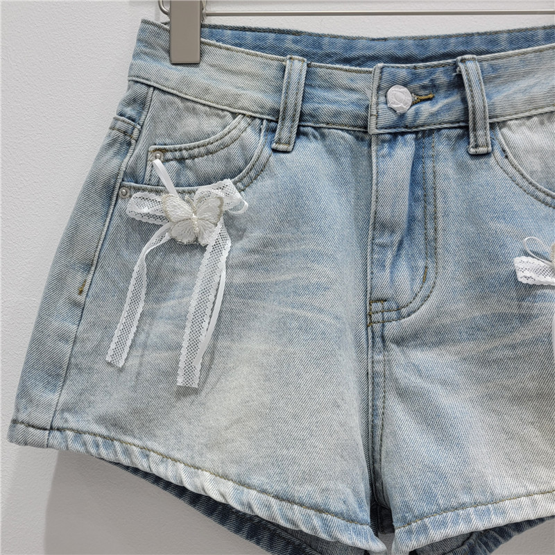 Pantalones Cortos de Mezclilla con Decoración de Moño de Poliéster Cintura Baja image 4