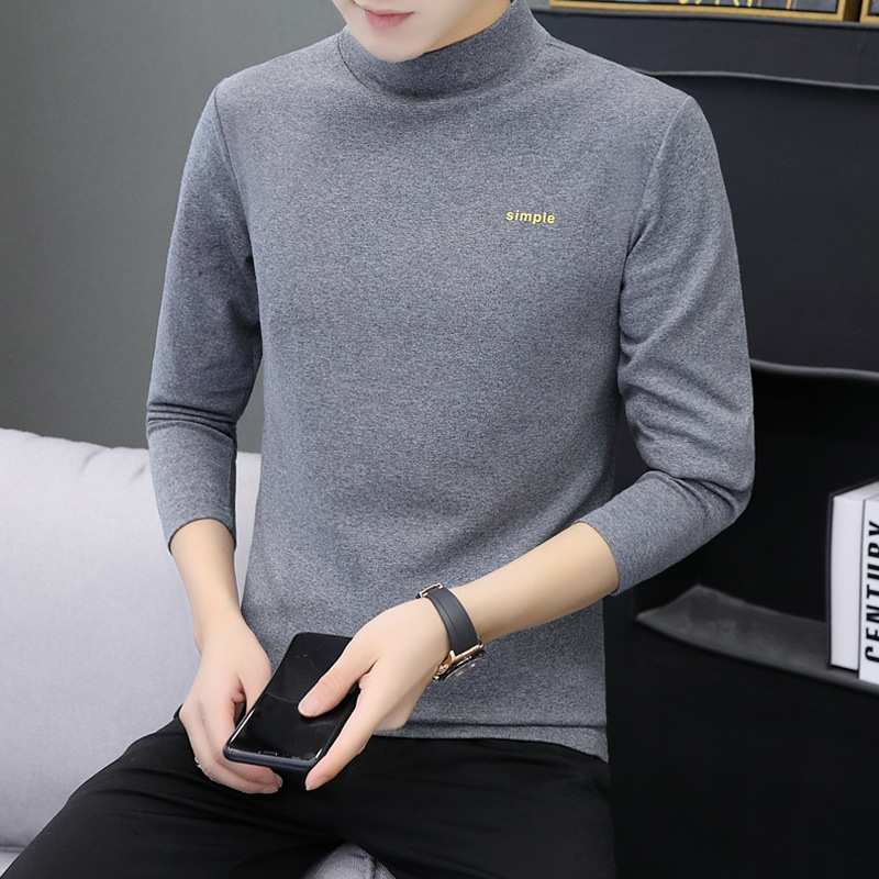 男装纯色中高领长袖男式T恤休闲打底衫棉上衣 半高领体恤一件代发