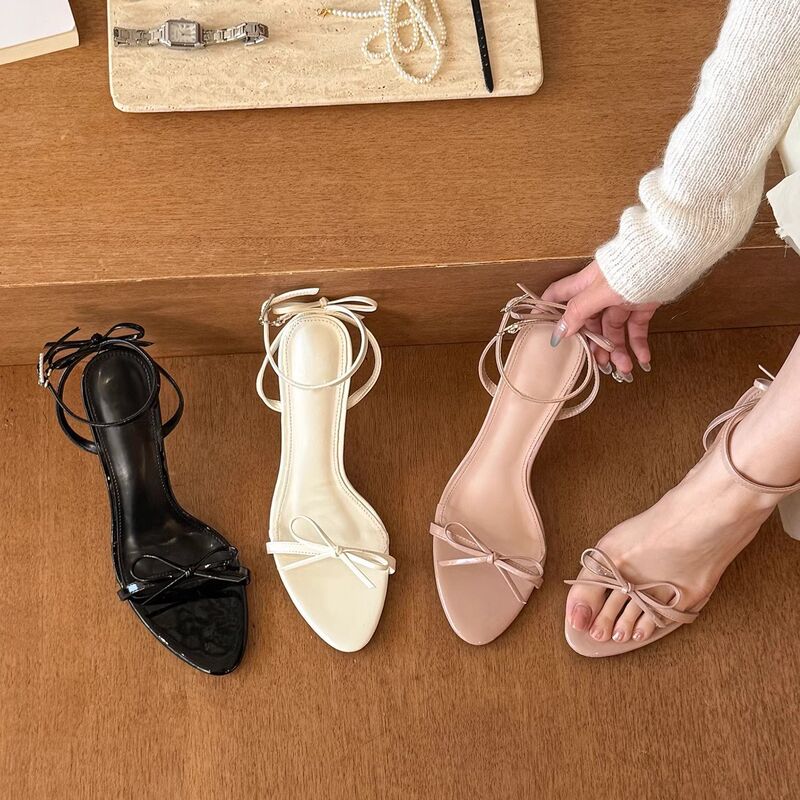 Moonlight Nude Color Fashion Sandals Nude Color One-Strap Bow Women's Shoes 2025 Summer New Style Stiletto High Heel Sandals for Women