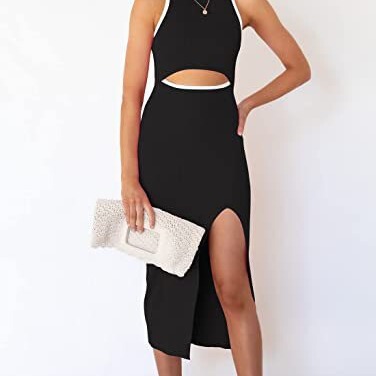 2024 European and American Summer Cut Out Mid-length Dress Round Neck Sleeveless Vest Slit Rib Tight Dress for Women 2024 European and American Summer Cut Out Mid-length Dress Round Neck Sleeveless Vest Slit Rib Tight Dress for Women
