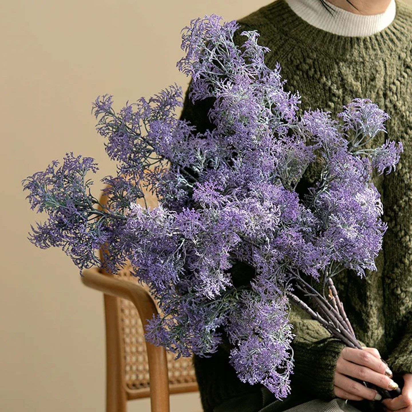 Flores de imitación de flor flor verde, decoración de la sala de estar, decoración de flores falsas púrpura, decoración realista de alto nivel