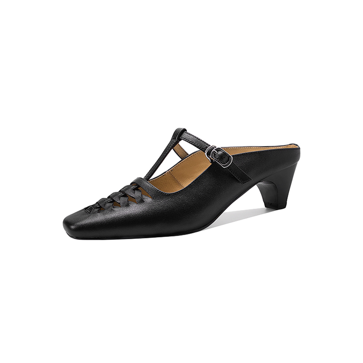 Sandal nữ gót thô 5 cm mũi vuông kiểu dệt vintage, quai chữ T bọc đầu — đen