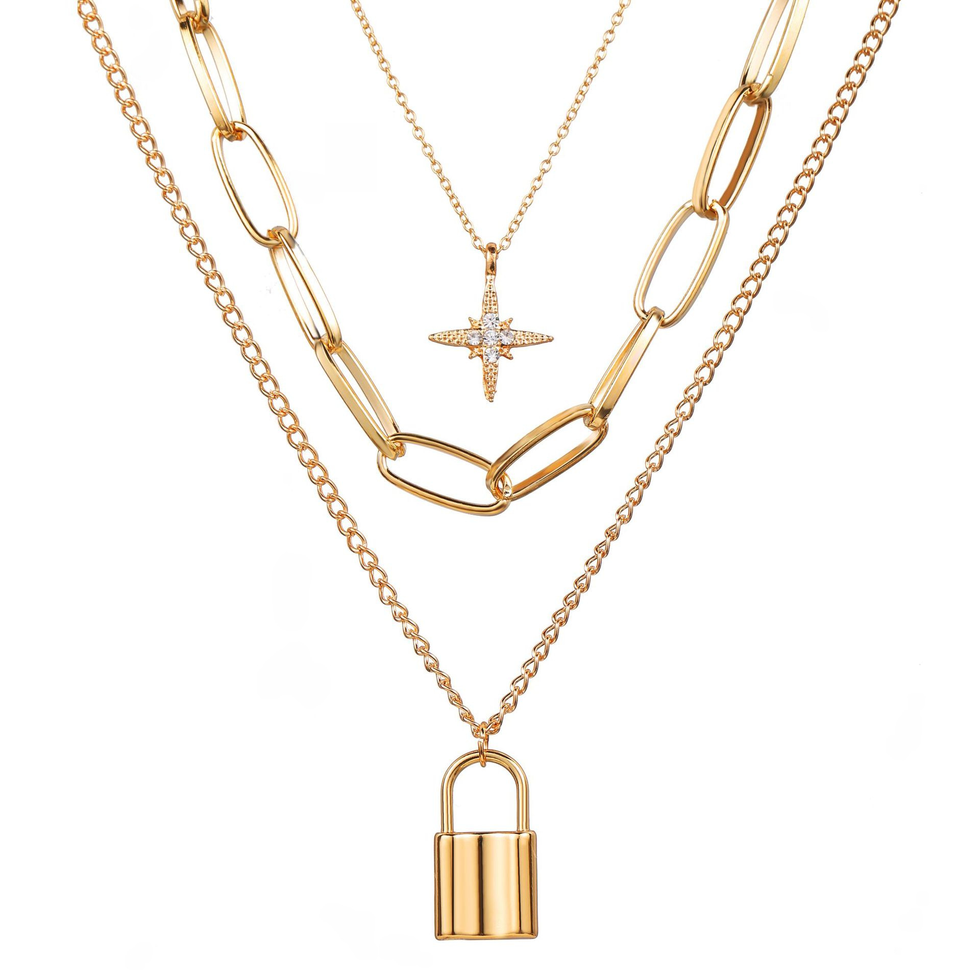 multi-layer necklace women's creative retro simple eight Mans star lock pendant thick chain necklace_voghion.com