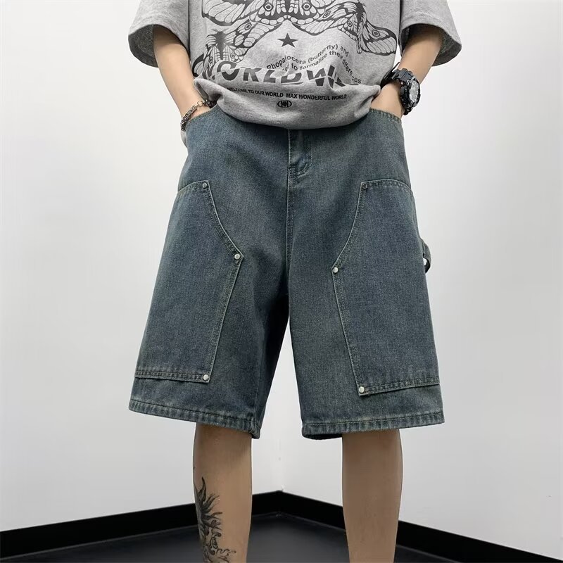 Men's Summer Thin American Retro High Street Trendy Brand Five-Point Jeans Loose Straight Casual Washed Mid-Length Pants