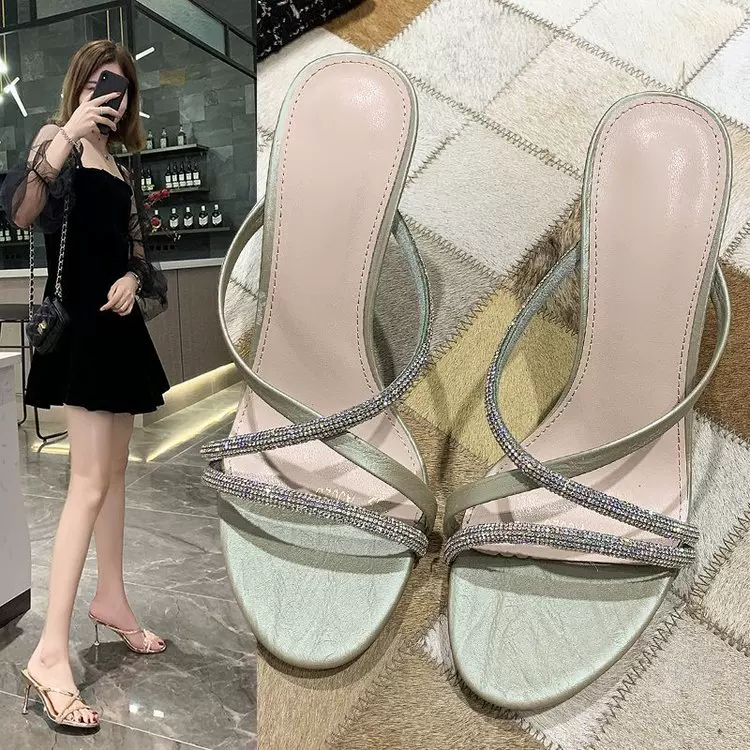 2025夏季新款高跟中跟鞋圆头欧美拖鞋一字型水钻凉拖女夏外穿