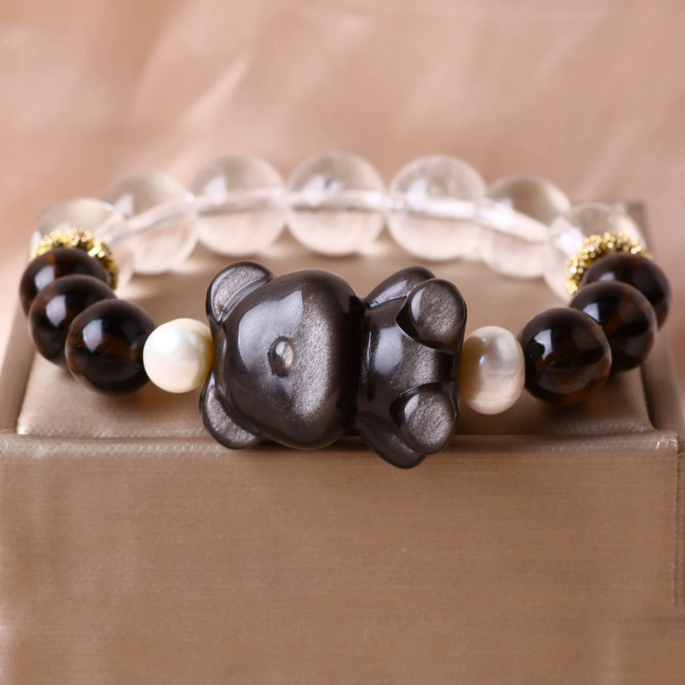 Высококачественный браслет с белым кристаллом цитрина и медведем, нишевый дизайн, серебряный браслет из бисера из обсидиана, подарок для пары Bestie