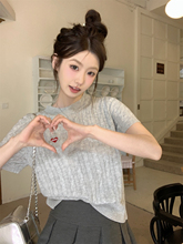 韩系减龄麻花爱心刺绣针织衫女夏季设计感小众软糯短袖正肩上衣D