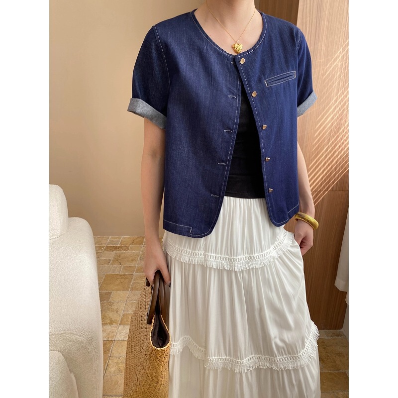 Sinan Fashionable Ming Outer Stitch Vintage Denning Blue Round Neck Loose Casual Short-sleeved Denim Shirt SN7416