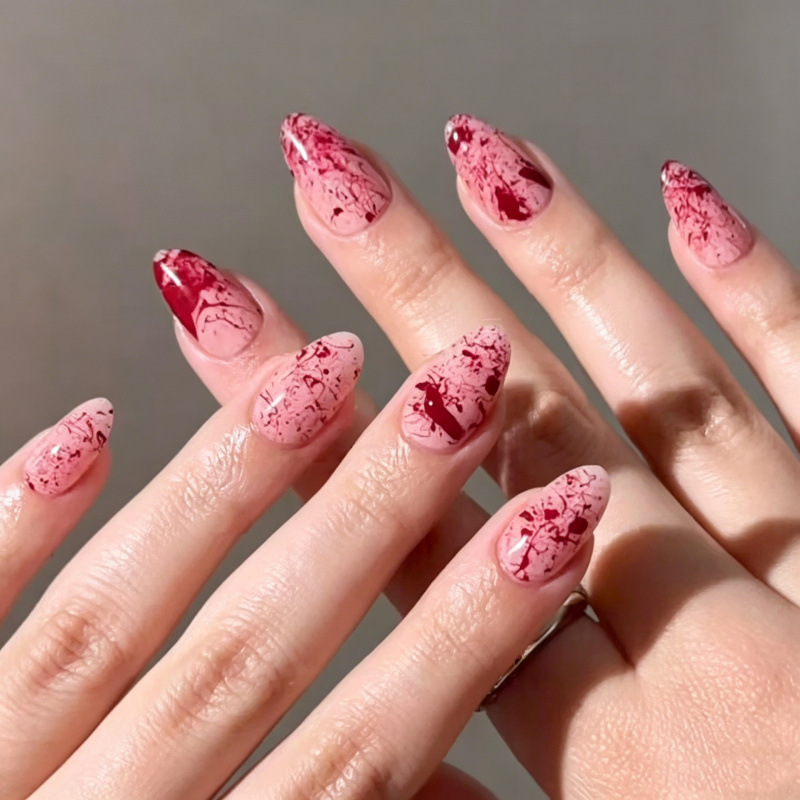 30 Pieces of New Cross-Border Halloween Blood-Style Wearable Nails, Almond-Shaped, Simple Sweet and Spicy Style Fake Nails, Finished Product Wholesale