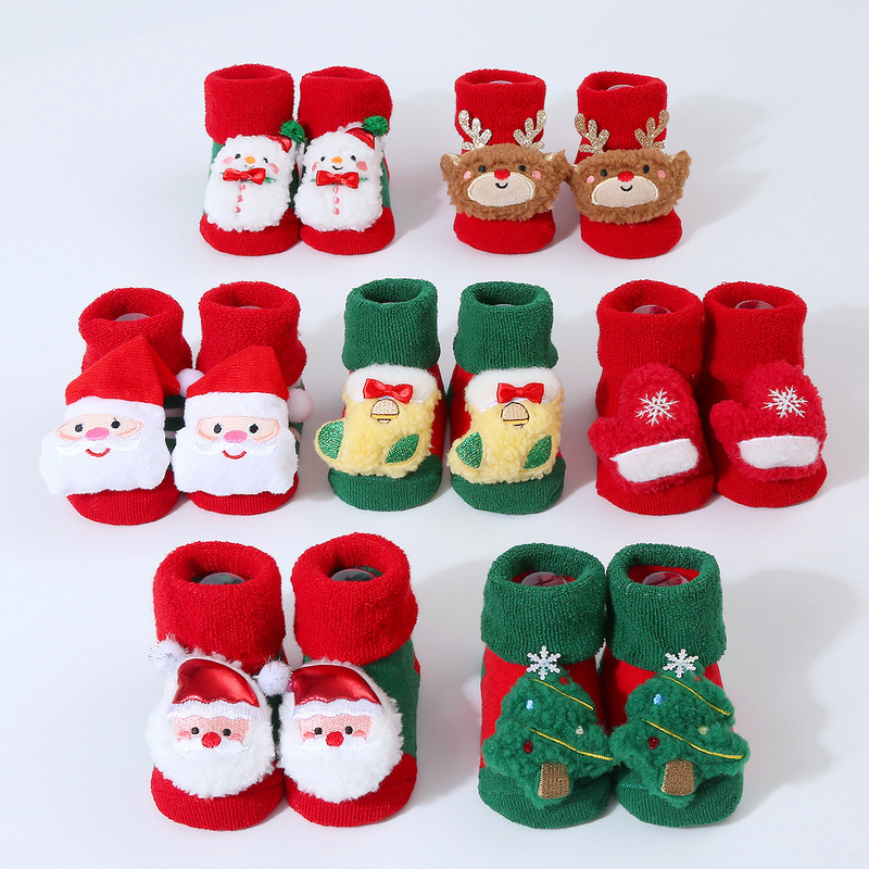 2024 new terry socks thick warm baby socks autumn and winter cotton socks baby socks 0-1 year old red Christmas socks
