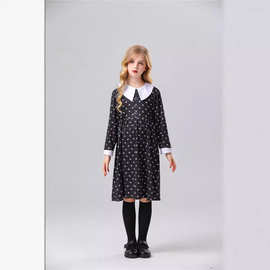 外贸新款cosplay亚当斯一家星期三女童化妆舞会演出服黑色波点裙