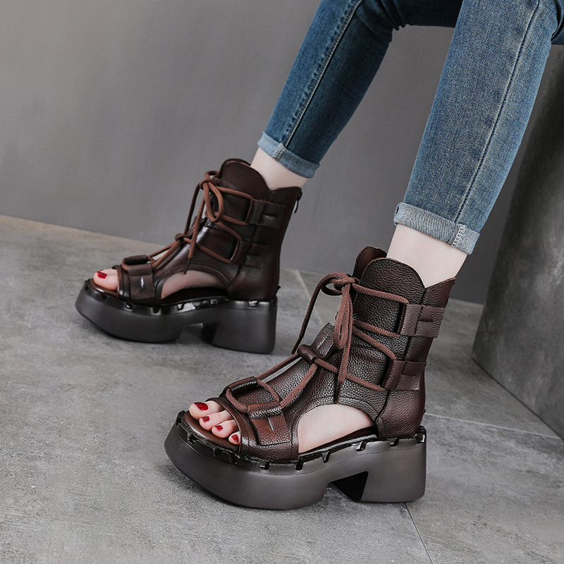 Giày sandal cao gót nữ da bò thật đế dày, mũi hở, quai buộc dây phong cách La Mã — màu nâu