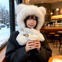 东北毛绒小熊帽子围巾手套一体女款2025年新款冬季保暖防寒雷锋帽
