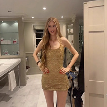 欧美性感辣妹风包臀弹力贴身金色亮片钉珠生日礼服吊带短裙