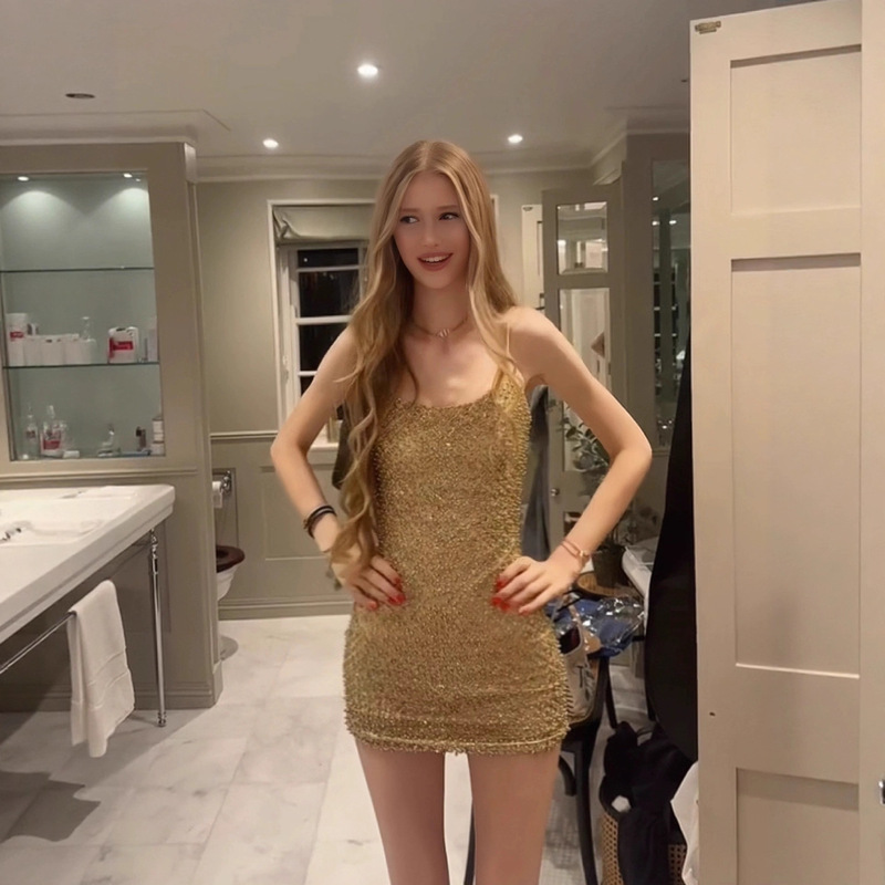 European and American Sexy Hot Girl Style Hip-Hugging Elastic Close-Fitting Gold Sequin Beaded Birthday Dress Suspender Skirt