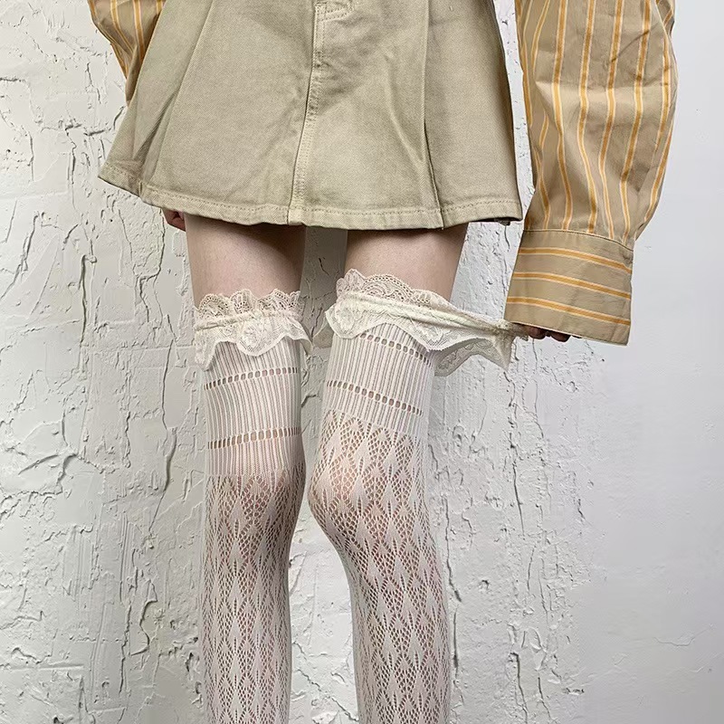 Vintage Diamond-Patterned Over-The-Knee Socks with Hollow Lace, Long Tube Lolita Lace Sexy High-Elastic Long Socks Lolita