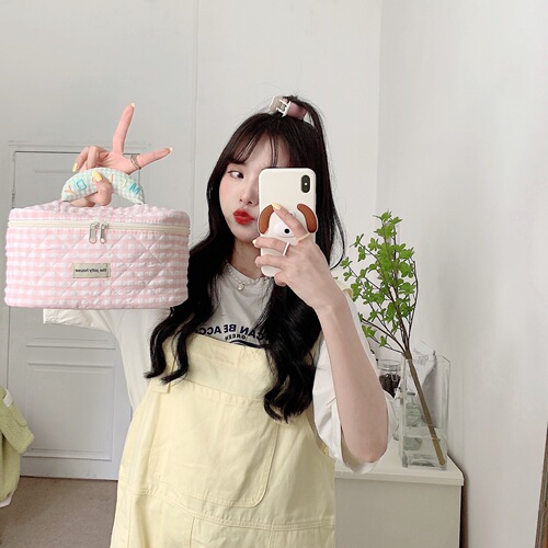 25252 Small fresh macaron plaid cosmetic bag cotton large capacity portable storage bag toiletry bag for women