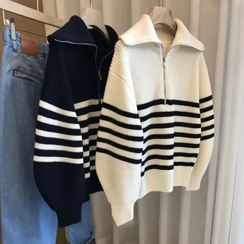 法式复古翻领半拉链撞色条纹毛衣女秋季慵懒风套头内搭针织打底衫|undefined