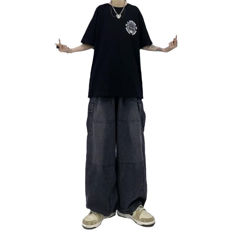 2023 nueva calle hip hop cuatro estaciones casual pierna ancha overoles rectos pantalones vaqueros bolsillo grandes hombres y mujeres largo