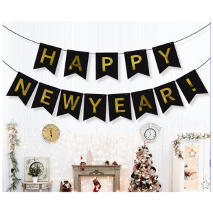 Wholesale 2023 New Year Flag Black Bronzing Party Decoration Fishtail New Year Party Decoration happy nwe