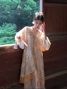 Summer 2025 high-end new Chinese style lace bead embroidery dress women's national style fashion embroidered loose long skirt N6003