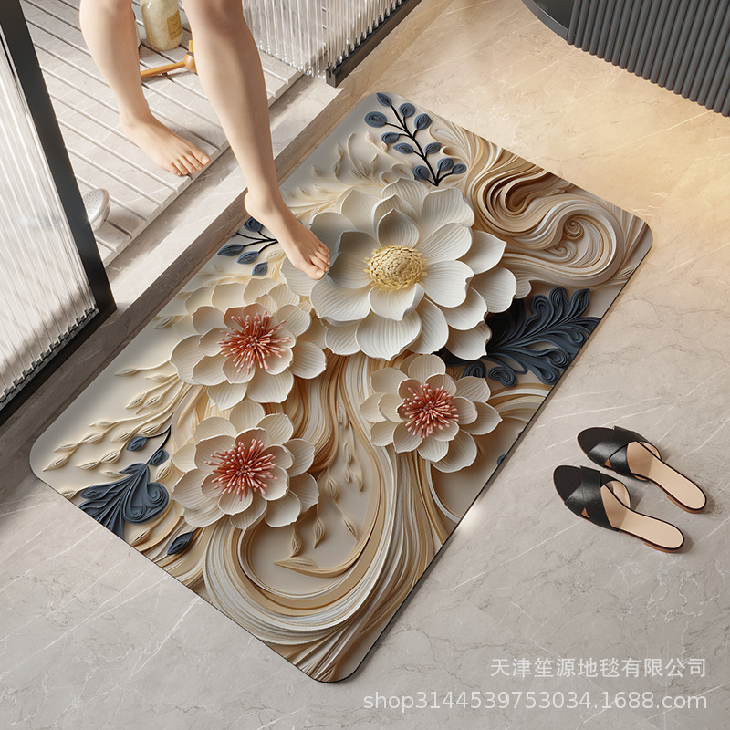 跨境硅藻泥立体花卉地垫浴室防滑垫家用卫生间进门入户速干软脚垫|undefined