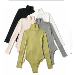 2023 Spring and Autumn New European and American style high neck long-sleeved jumpsuit for women versatile pure desire base shirt T-shirt top trendy