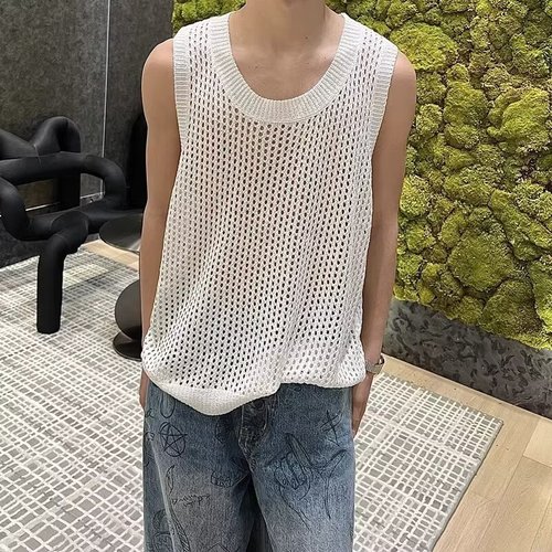 Unlined open-front vest with sleeveless design, high-end men's niche fashion, base layer casual summer knit short sleeve.