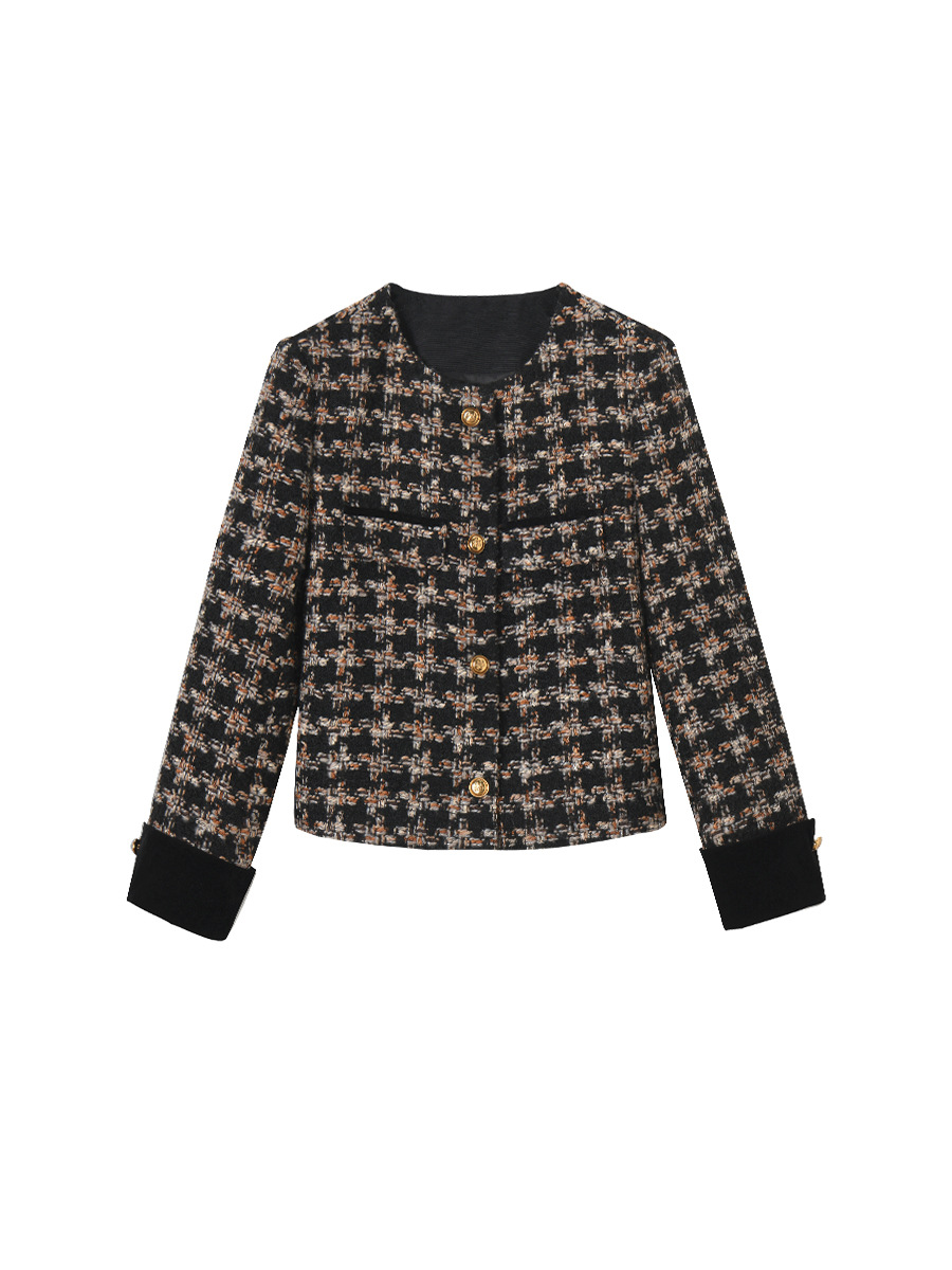 25 Autumn Classic Women's Small Fragrance Jacket Retro Style Velvet Patchwork Plaid Tweed Short Jacket Women 15381