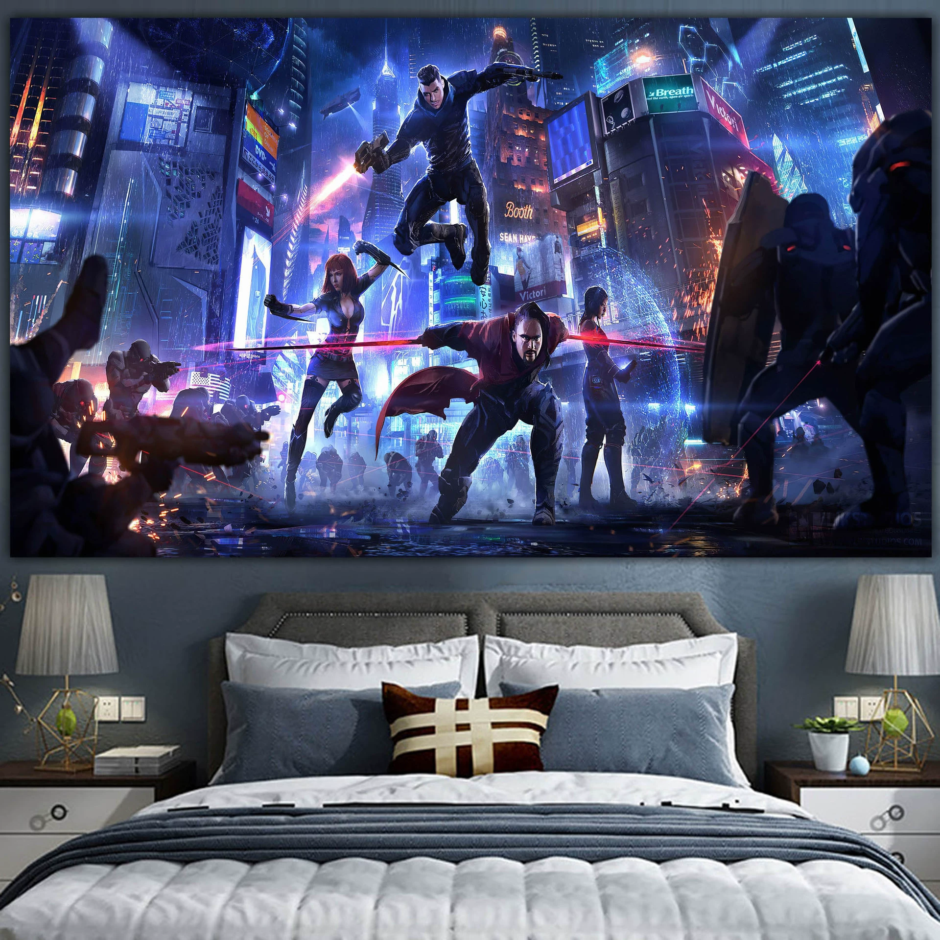 Постер cyberpunk неоновый город, размеры 38×65 см, 85×155 см, 110×200 см