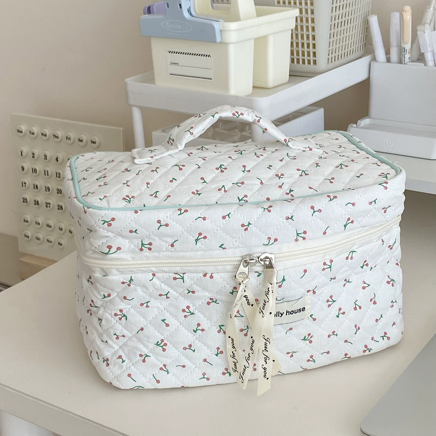 Handheld Cotton Cosmetic Bag, Fresh Cherry Pattern, 25×15×17 cm, Spacious Organizer