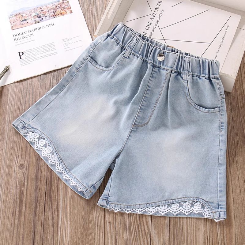 Girls' Summer Thin Pants, Super Nice Korean Style Lace Girls' Light-Colored Kidsren's Tencel Denim Shorts for Outer Wear
