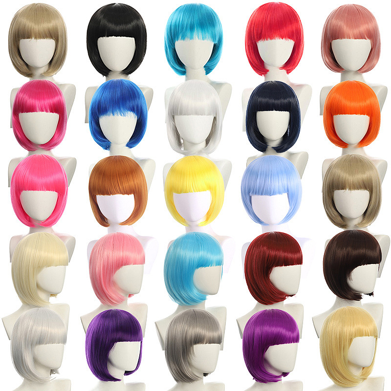 Women's short hair multi-color cute temperament wave head pink purple natural universal animation neat bangs BOBO head cos wig Women's short hair multi-color cute temperament wave head pink purple natural universal animation neat bangs BOBO head cos wig