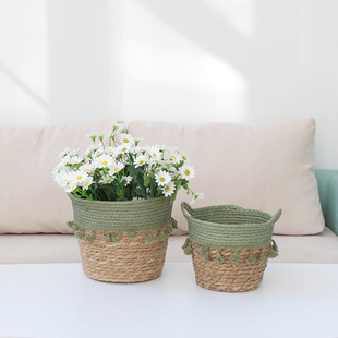Tassel Rattan Flower Pot Living Room Decoration Flower Basket Set Pot Hand-Woven Fabric Flower Pot Storage Wicker Straw Flower Pot