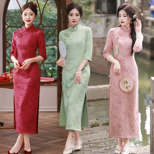 Princess Jin Jin new suede carved diagonal long cheongsam red artistic retro Chinese style women's cheongsam