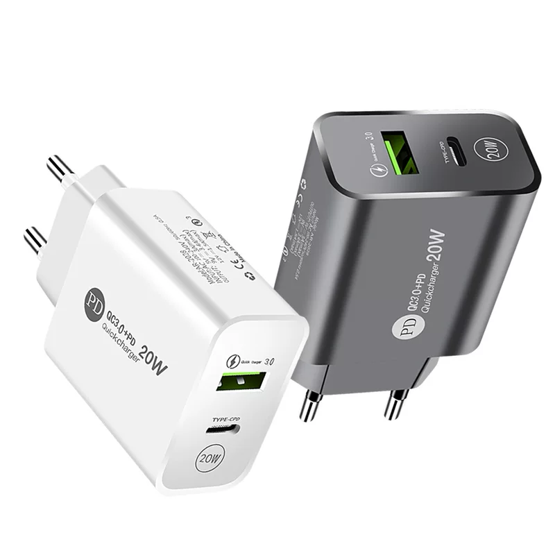Портативное зарядное устройство PD12W, USB + Type-C, 5V 2.4A (PD/20W), европейская и американская вилки, черное/белое