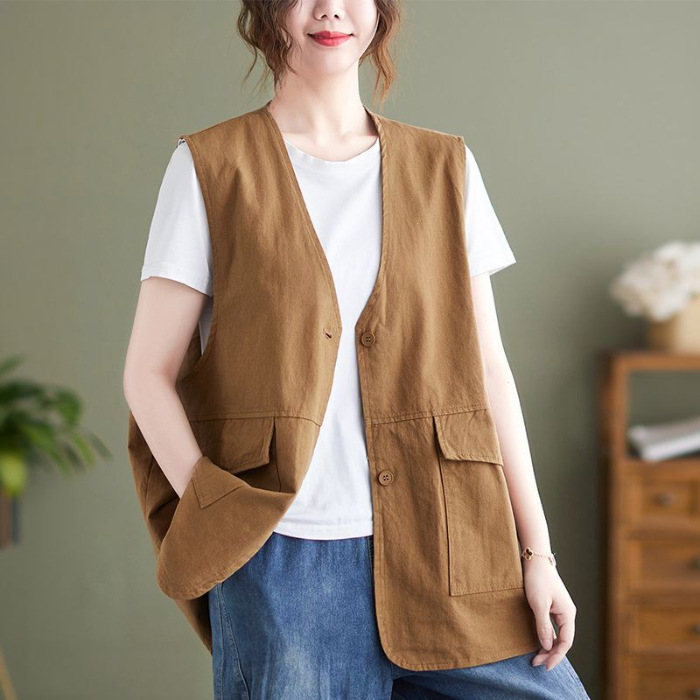 Ropa de primavera nueva literatura y arte universal relajado comercio exterior retro sin mangas cuello en V medio largo chaleco clip chaqueta mujer image 7