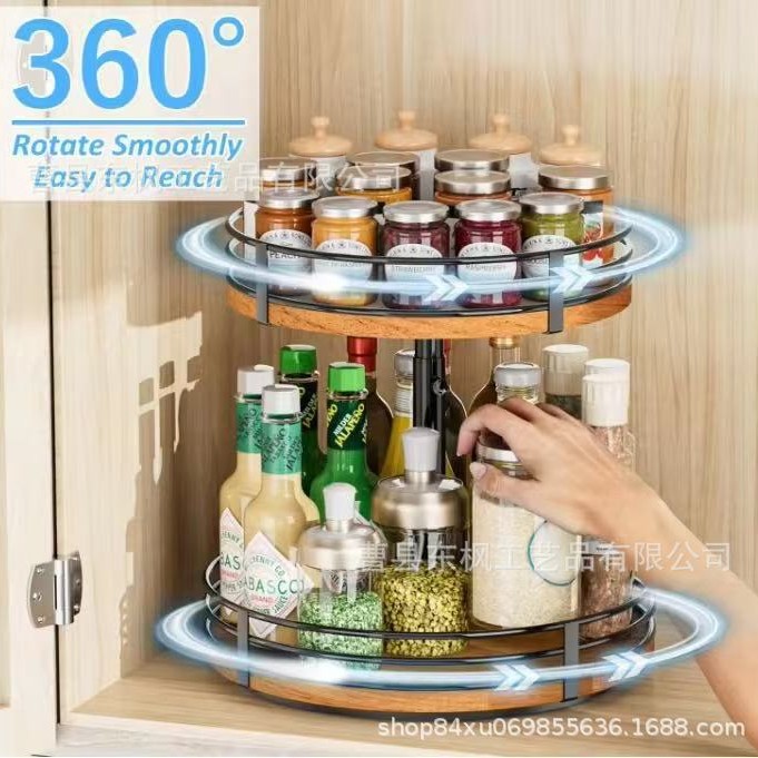 Wooden kitchen seasoning bottle storage rack double-layer rotatable iron-wood combination oil, salt, sauce and vinegar bottle storage rack