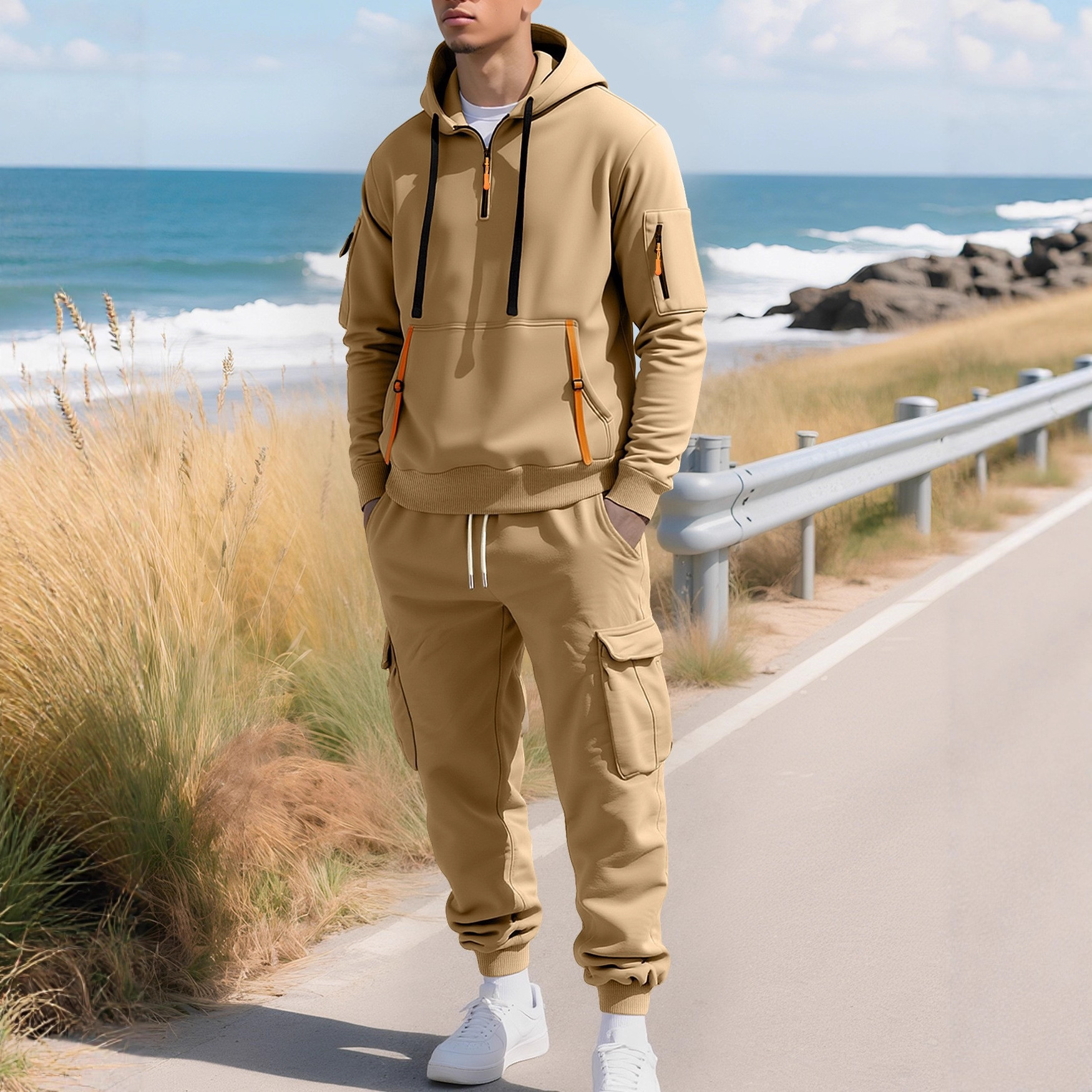 Cross-Border 2025 New Autumn and Winter Men's Velvet Sweatshirt American Hoodie Zipper Multi-Pocket Cargo Pants Suit Now Available