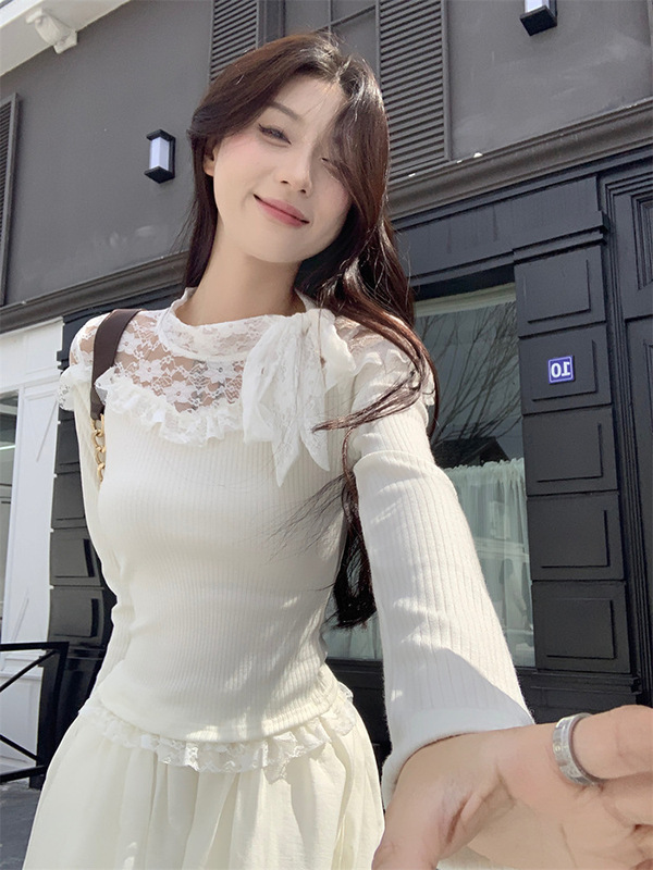 2025秋冬新款修身显瘦设计感上衣女甜辣纯欲风蕾丝拼接个性长袖潮|undefined
