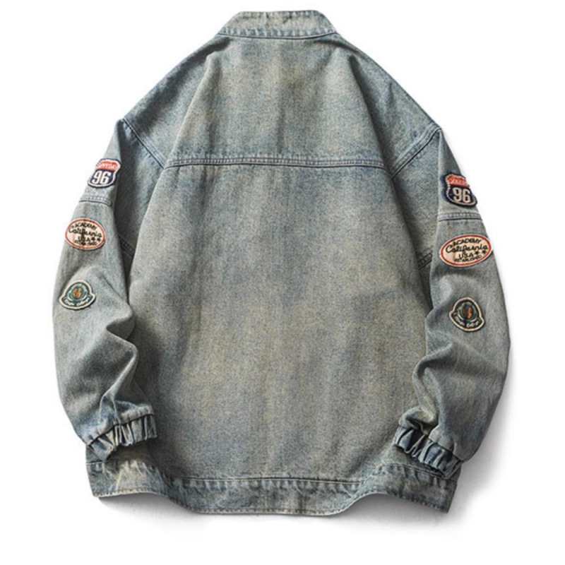 Motorcycle Style Denim Jacket For Men, Washed And Worn With Trendy Brand Embroidery, Loose And Retro High Street Jacket Top_voghion.com