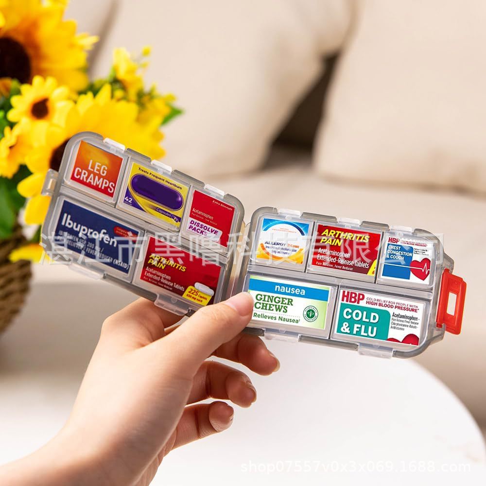 pocket pharmacy with labels爆款便携式双层密封旅行10格小药盒