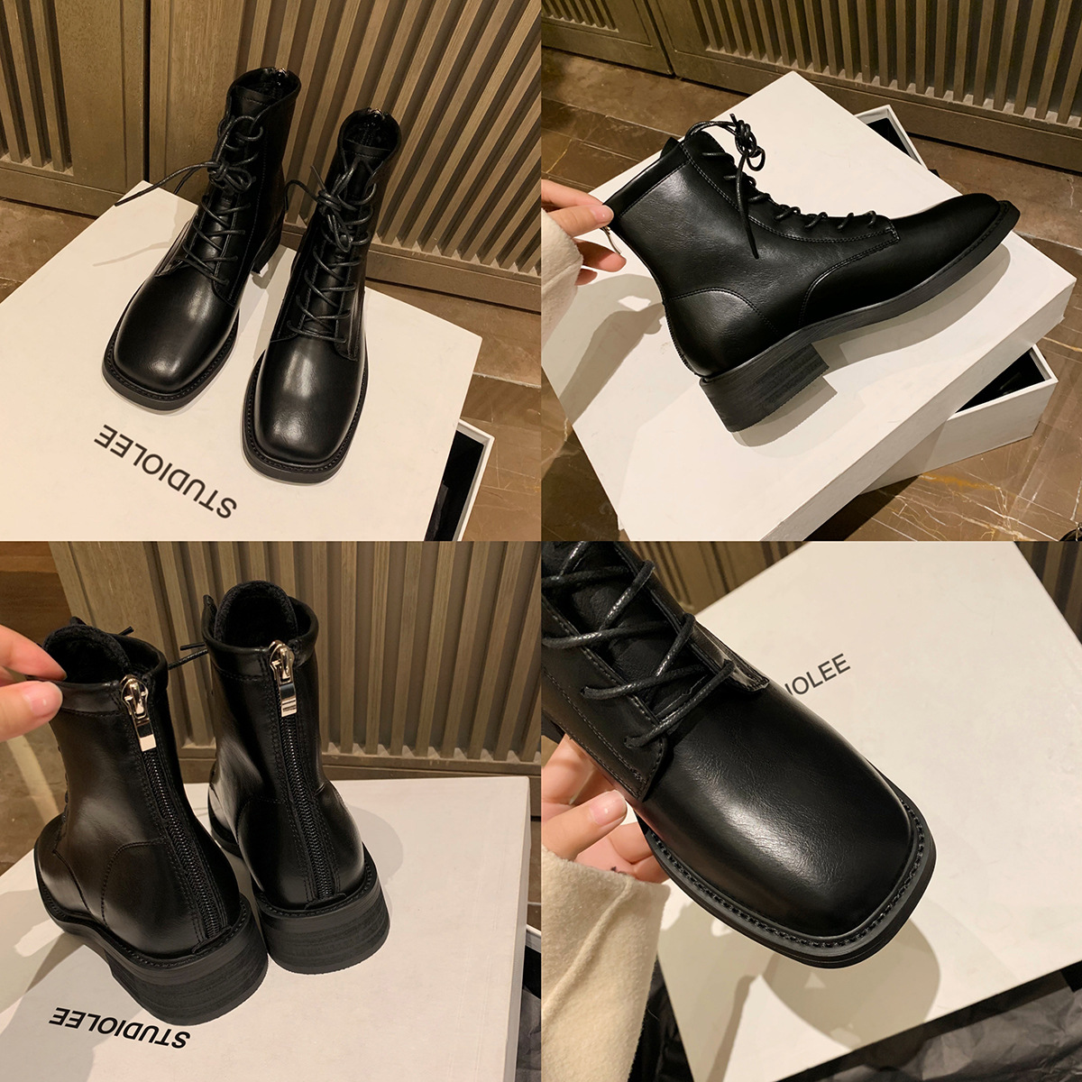 Motorcycle Rear Zipper Slimming Boots with Square Toe and Thick Heels Martin Boots_voghion.com