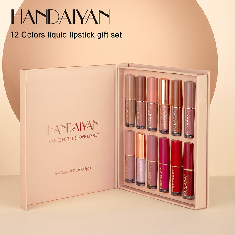 Cross border color makeup 12 color book Lip Gloss Set liquid lipstick set fog matte pearl non stick cup Lip Glaze