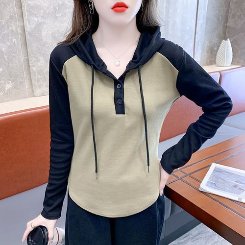 Stylish Color Block Hooded Base Layer Sweatshirt Women's Winter Sweatshirt 2025 New Design Long Sleeve T-Shirt Short Top